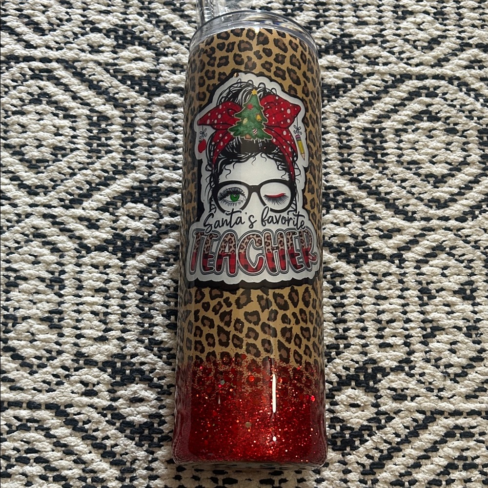 Santa's Favorite Teacher Leopard Glitter Tumbler - Red & Brown